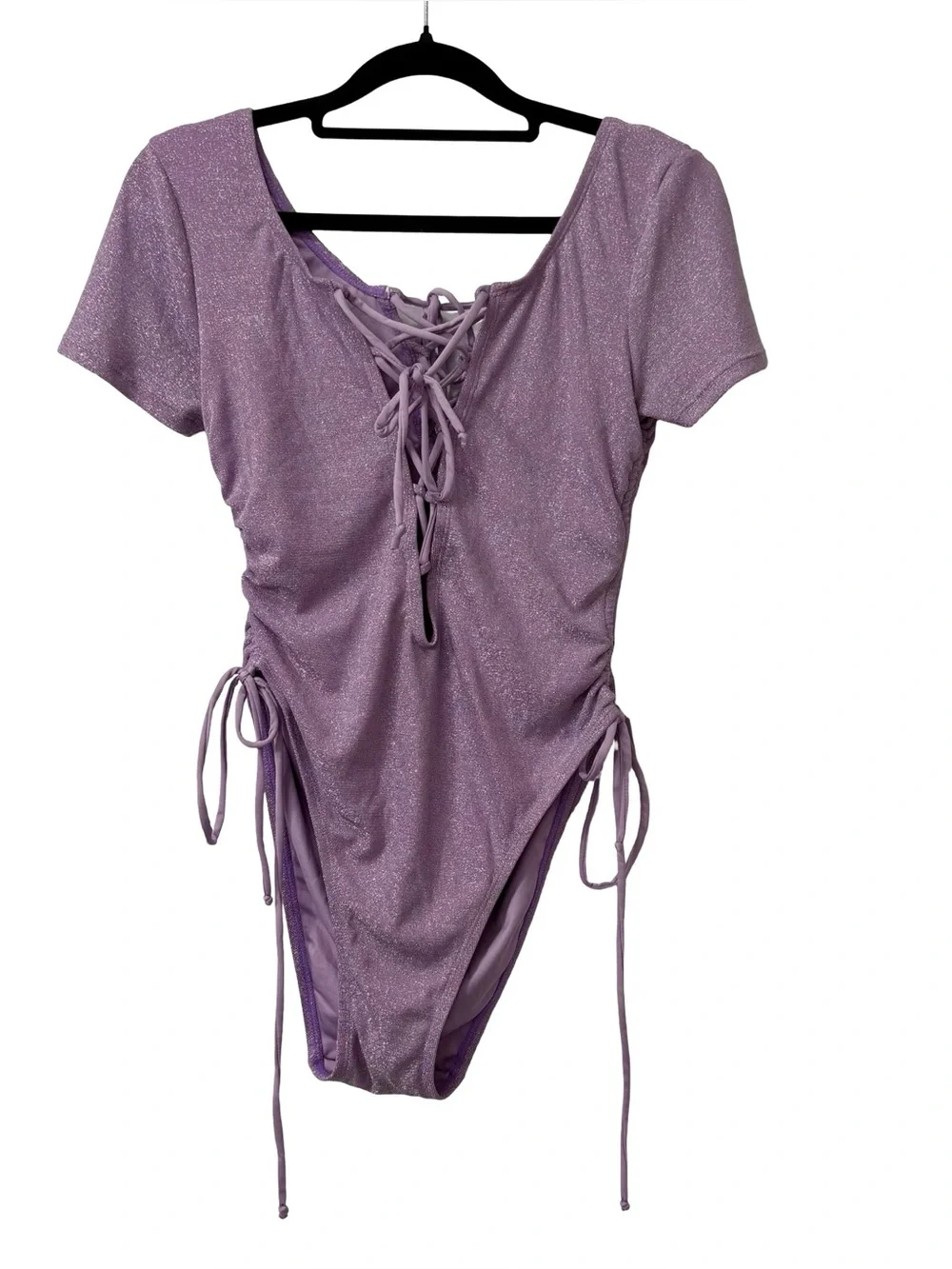 STEFANIA X BLACKMILK‎ SWIMWEAR PURPLE SHIMMERY LACED UP RUCHED SIDES SIZE SMALL